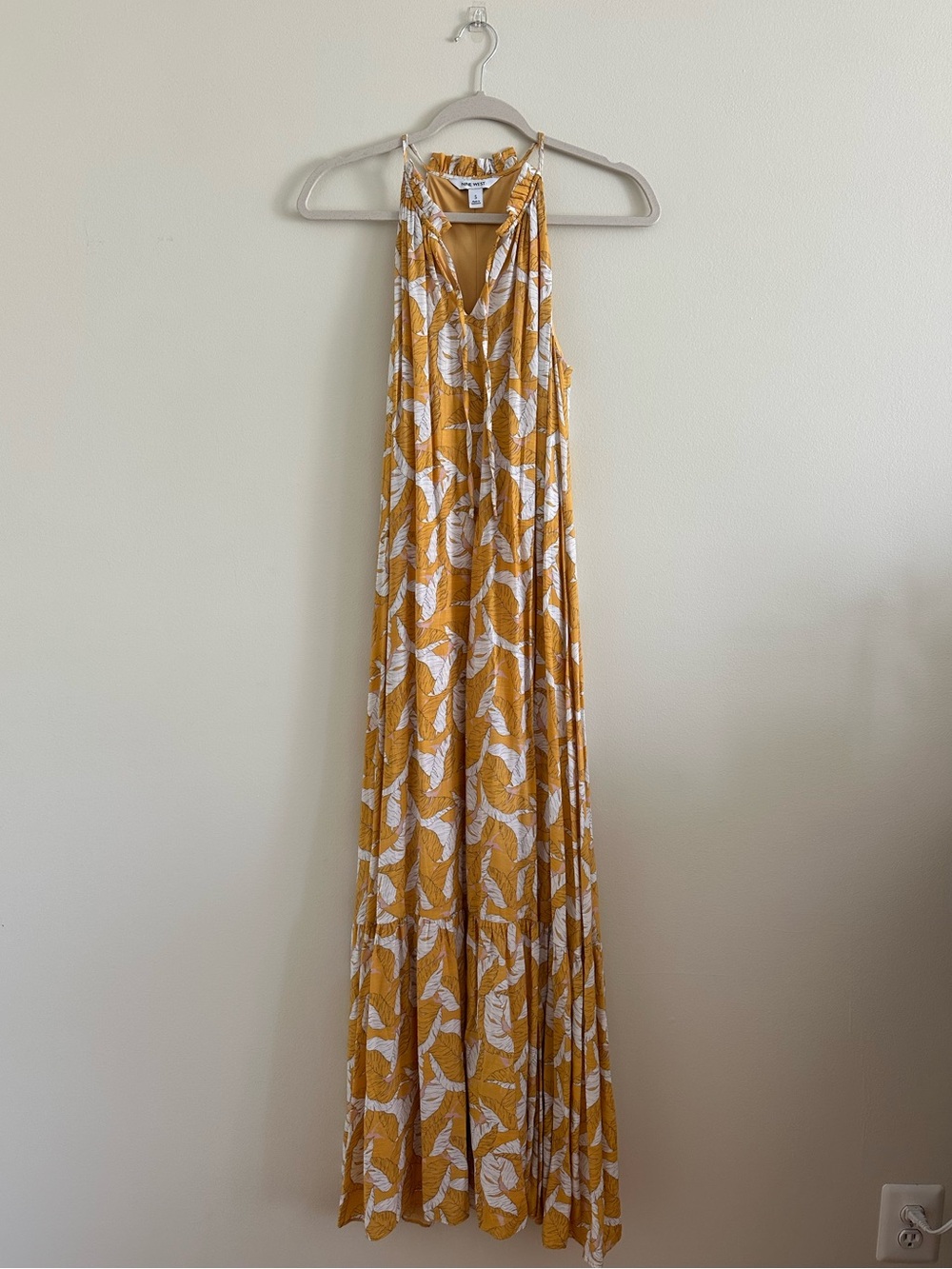 Nine West Yellow White Leaf-Print Maxi Dress
